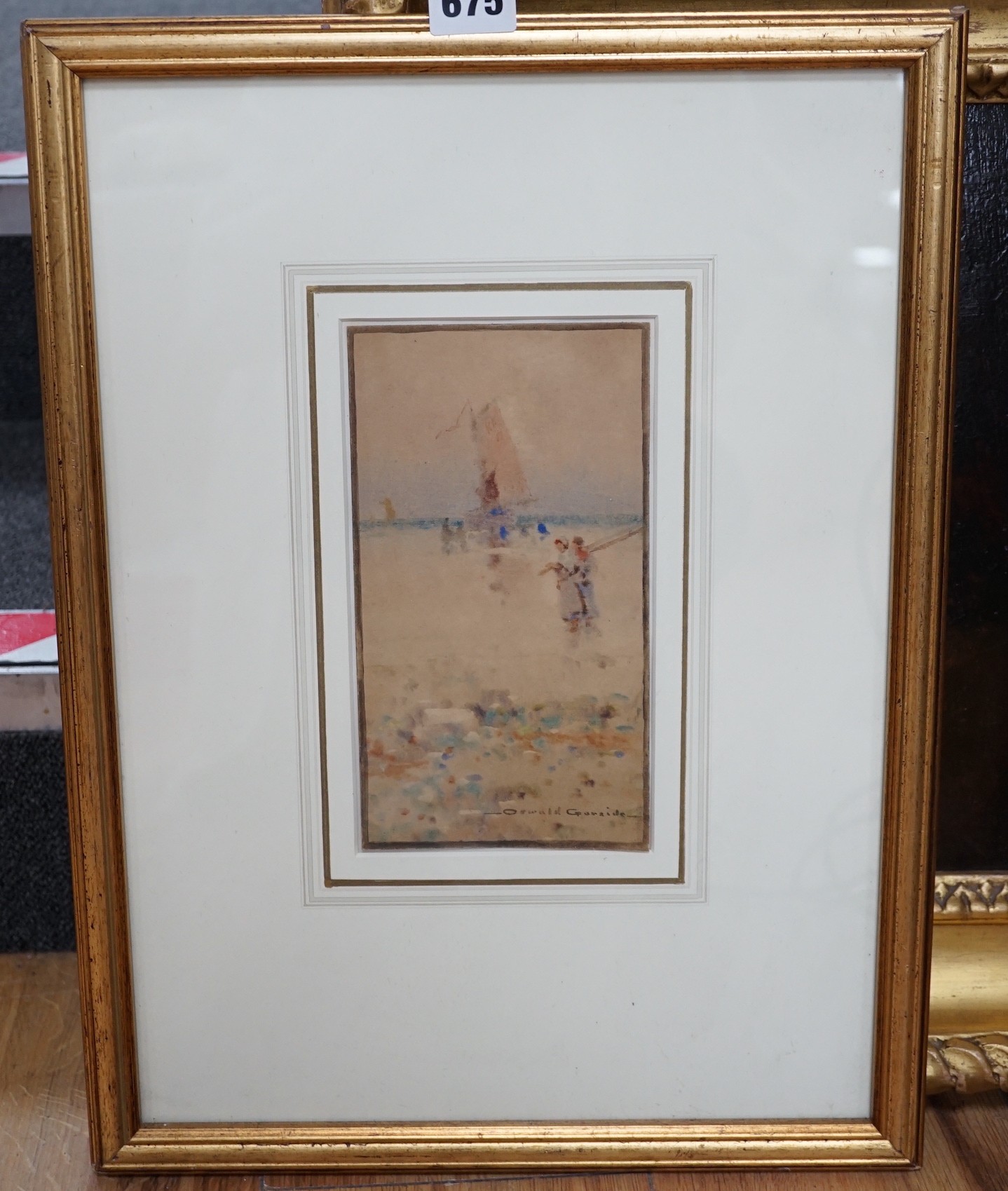 Oswald Garside RI, (1879-1942), watercolour, Fisherfolk along the coast, signed, 21 x 11cm